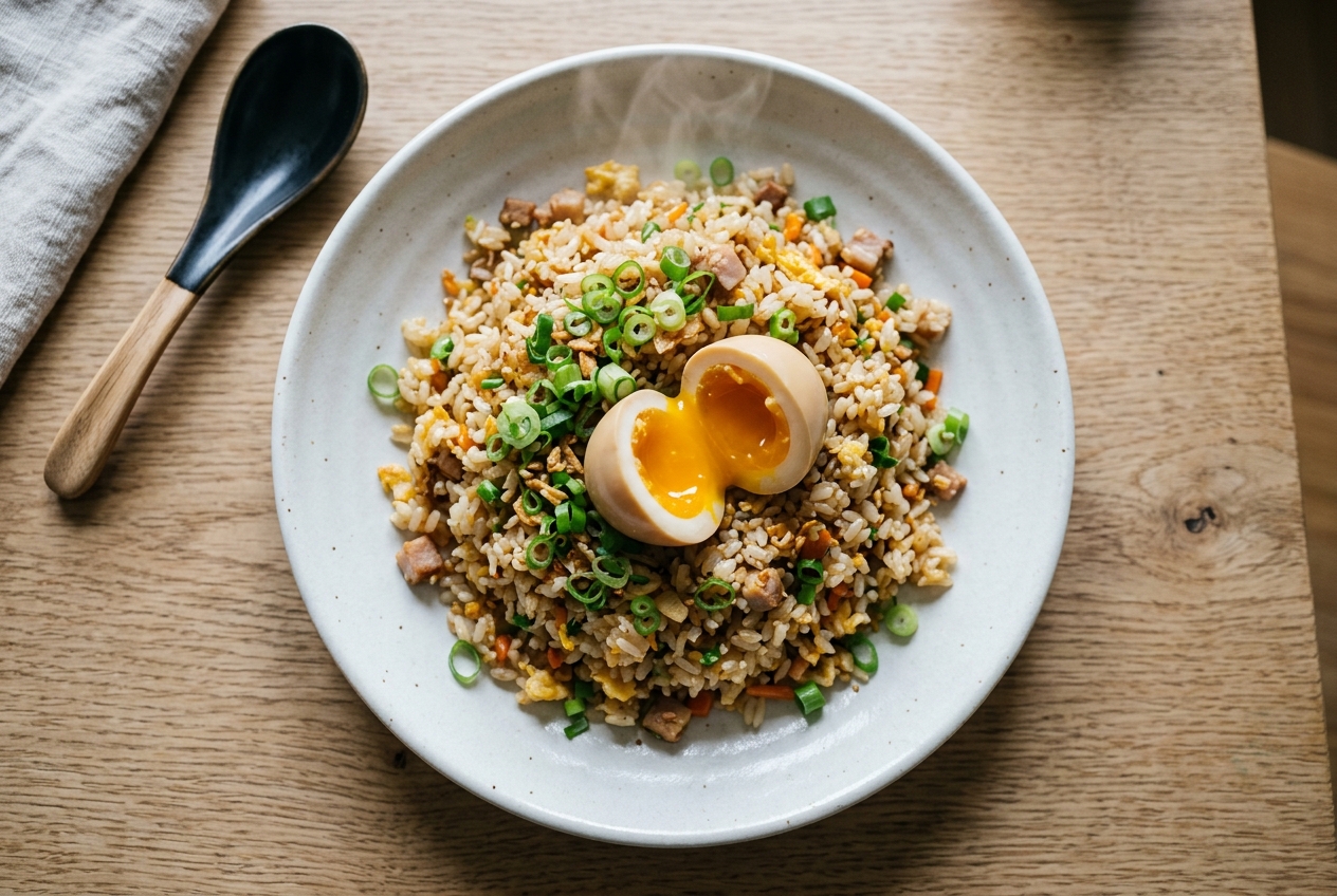 耐熱ボウルで作ったパラパラチャーハンの完成写真。長ねぎとレンゲ添え