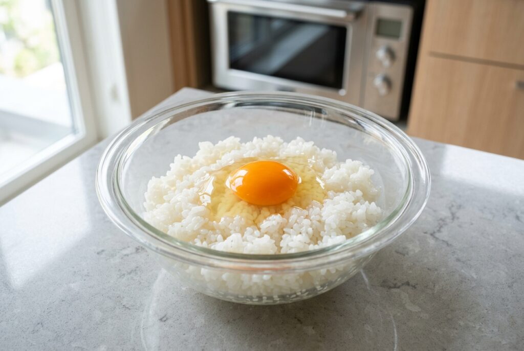 耐熱ボウルに冷やご飯と卵を入れた様子。フライパン不要のレンジ調理
