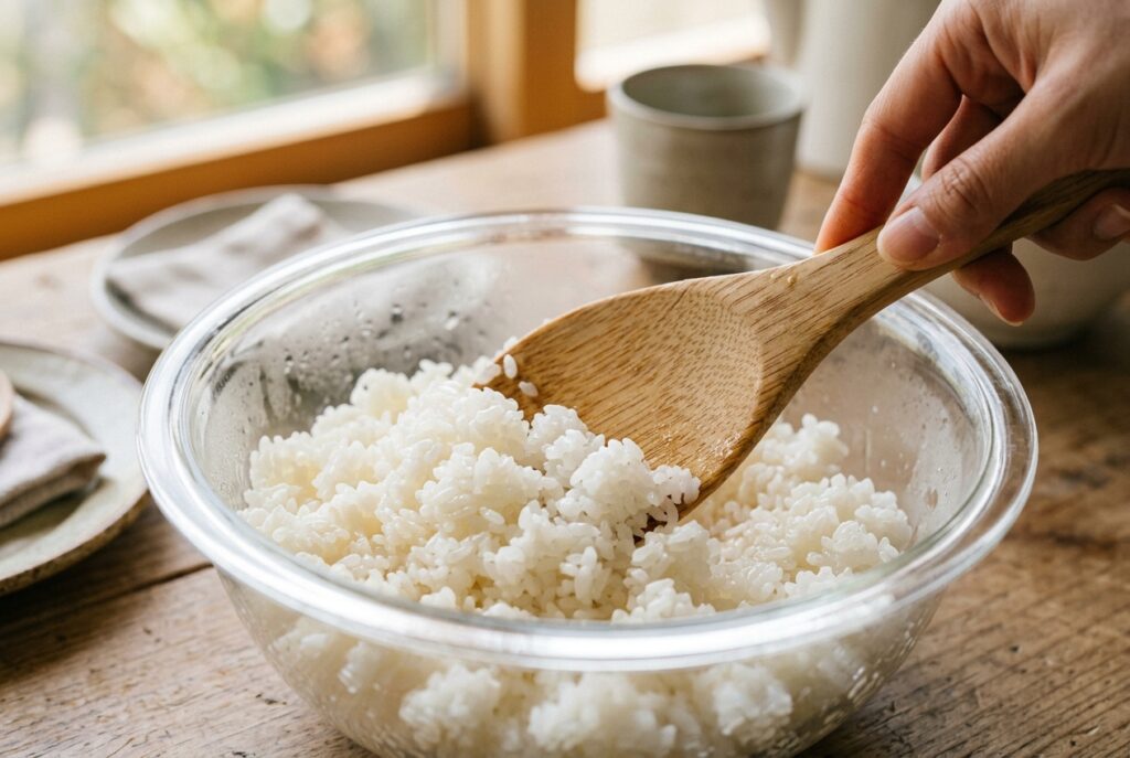 ご飯にごま油を最初に混ぜている様子。一粒一粒に油の膜がつく
