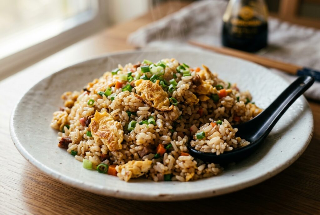 パラパラに仕上がったチャーハンの盛り付けアップ。卵とねぎの彩り