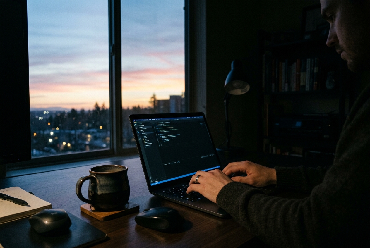 夜中のノートPCの光、窓の外は明け方の空