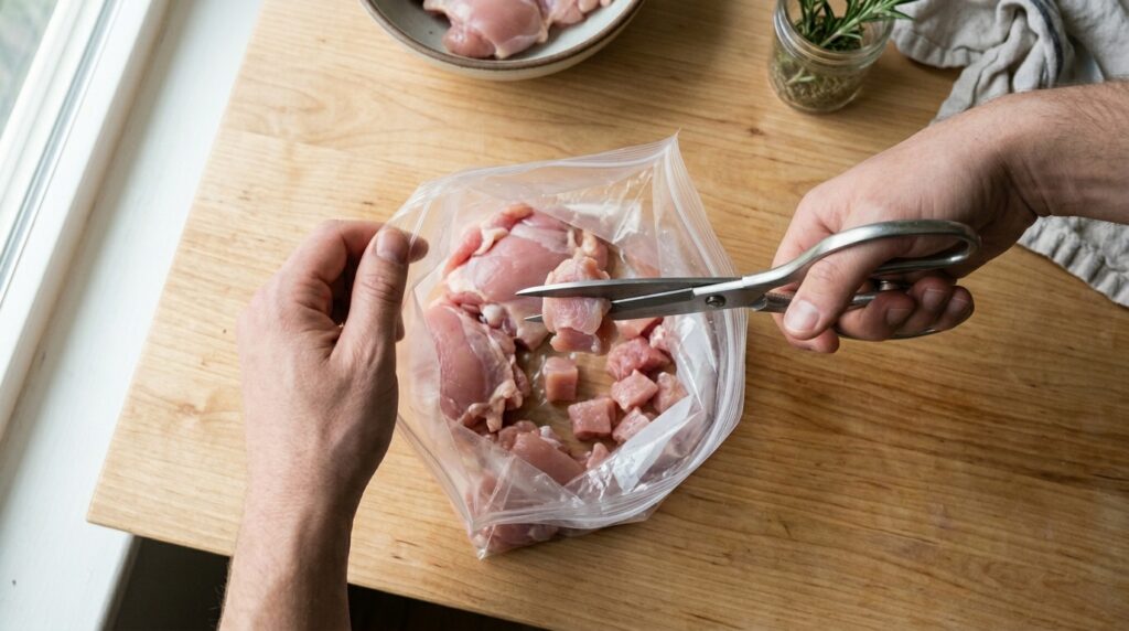ポリ袋の中で鶏もも肉をキッチンばさみでカットしているところ