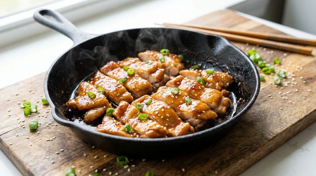 フライパンで照り焼きのタレが絡んだ鶏肉。艶やかに仕上がった完成直前の様子