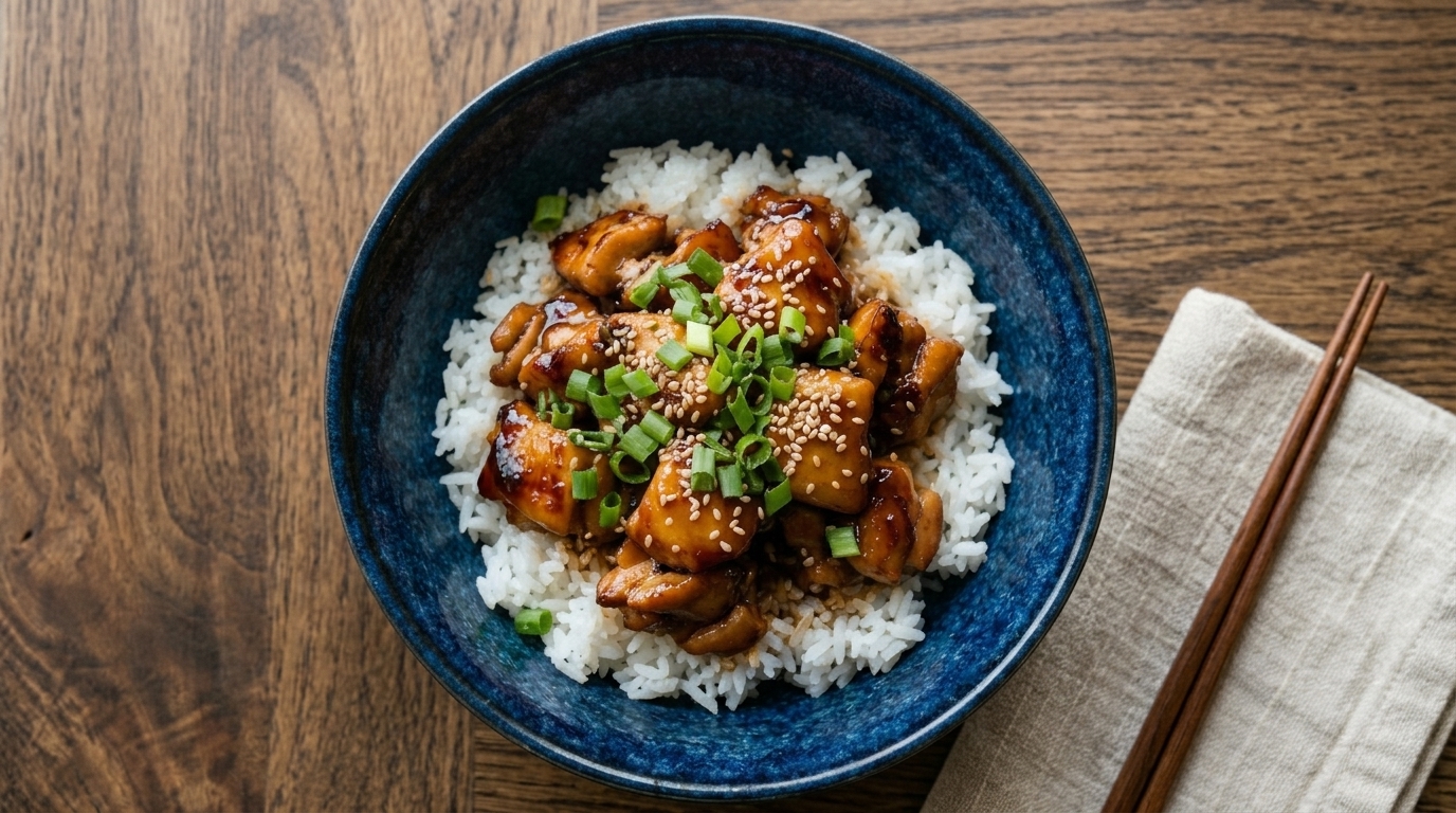 深い藍色の和風の丼に盛られた、キッチンばさみで作る照り焼きチキン丼。刻みねぎと白ごまがトッピングされている
