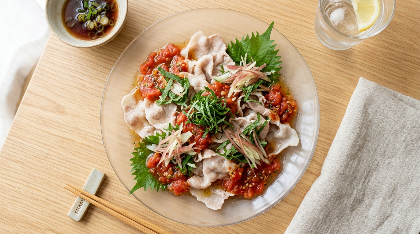 トマト豚しゃぶの完成写真。大葉とみょうがをたっぷりのせた夏向けの一皿