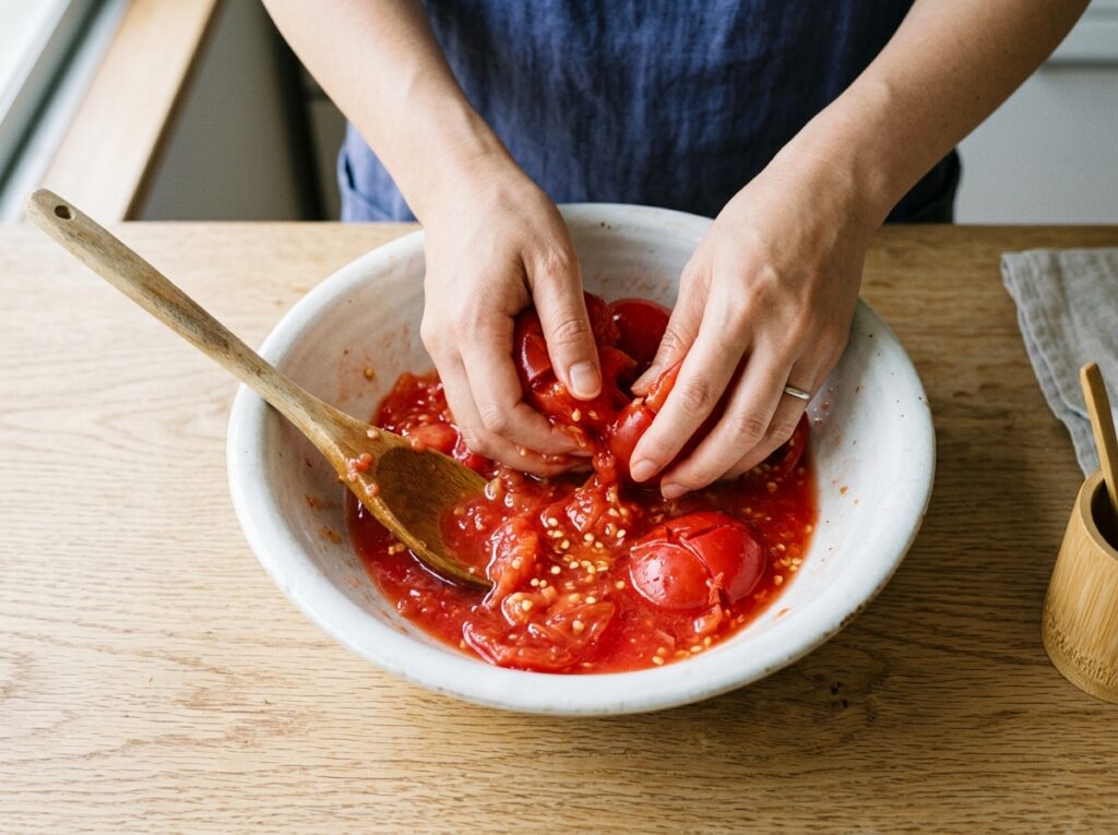 トマトをつぶしてタレを作っている様子