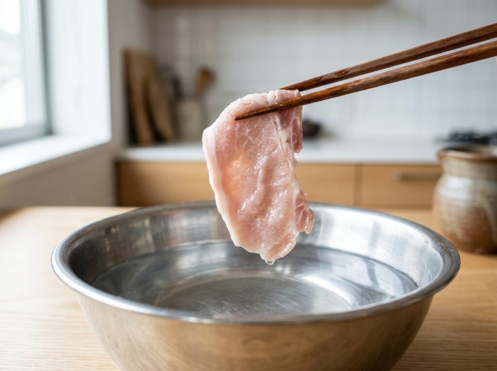 豚しゃぶを常温水に取っている様子。氷水ではなくしっとり仕上げる正解の手順