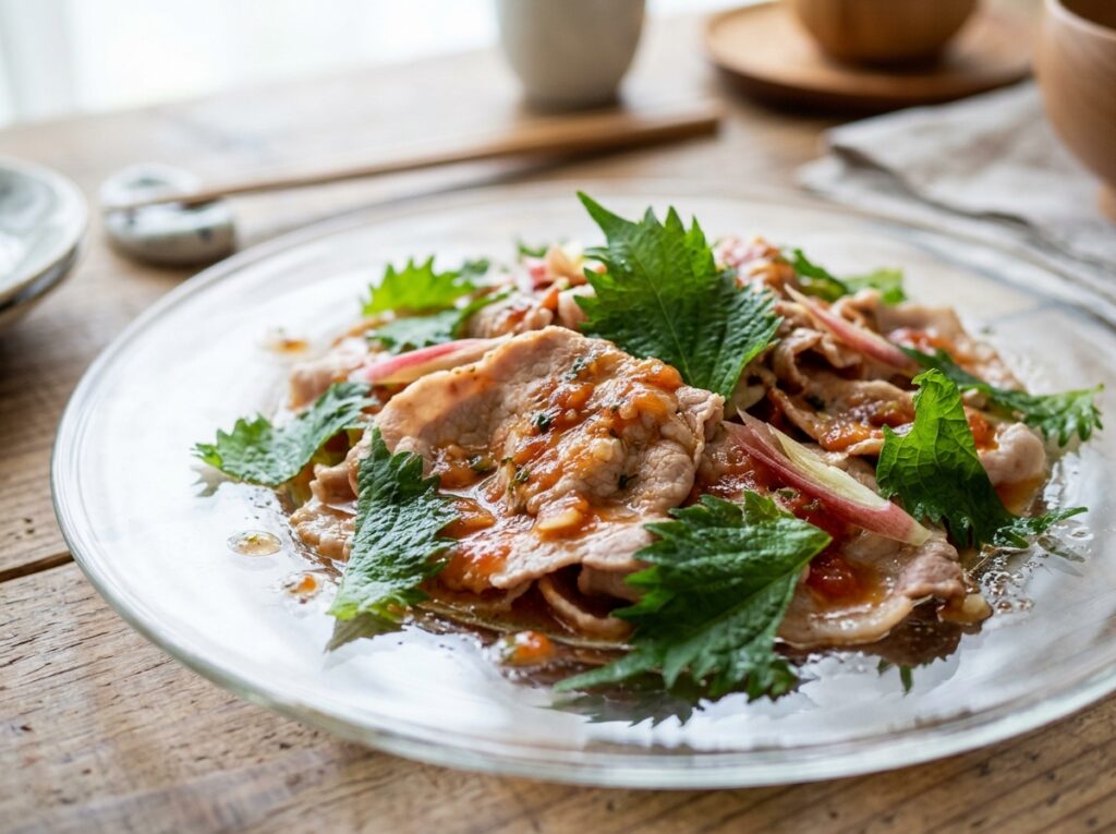 トマト豚しゃぶの盛り付けアップ。たっぷりの薬味とトマトタレ