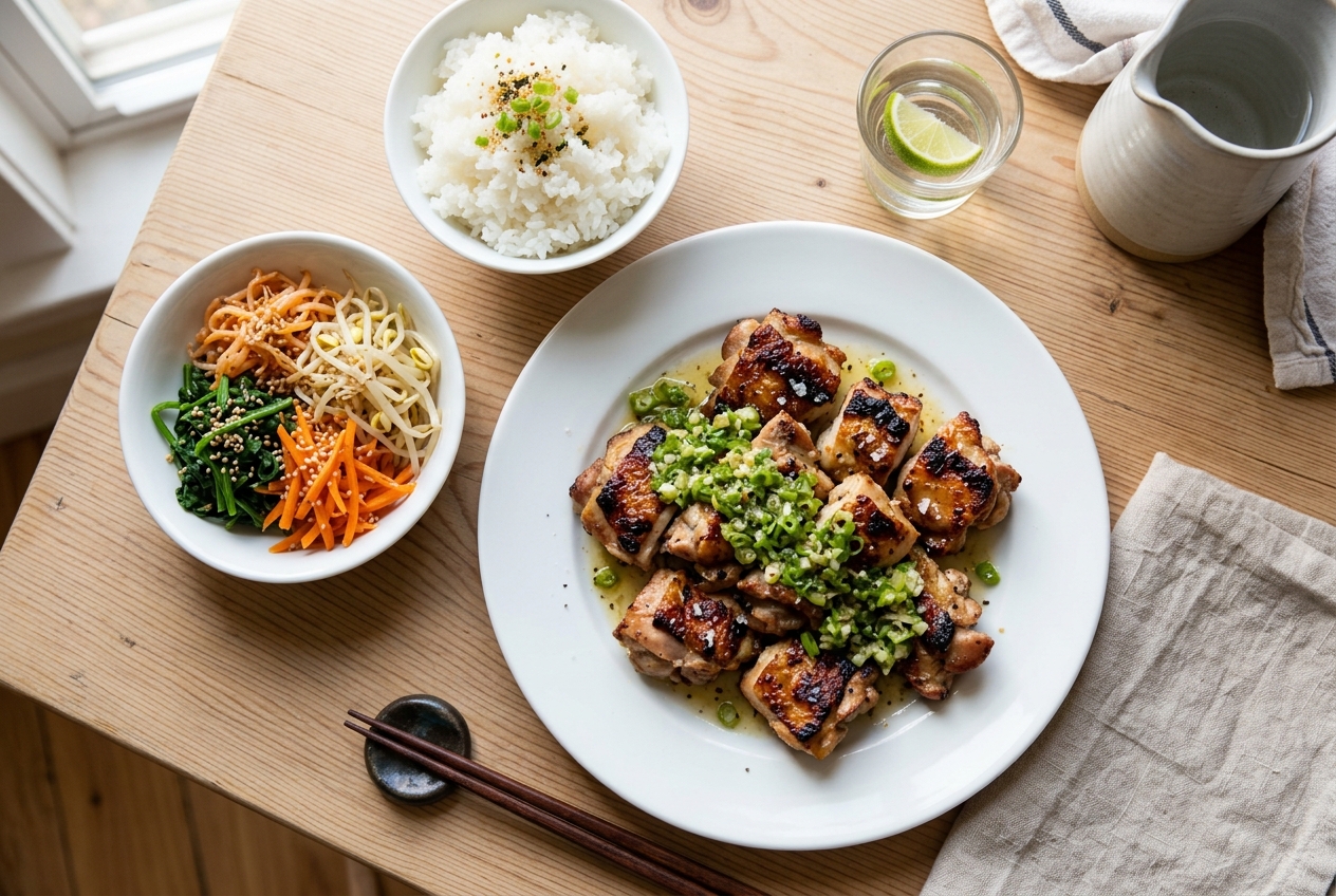 鶏もも肉のねぎ塩焼きとナムル副菜