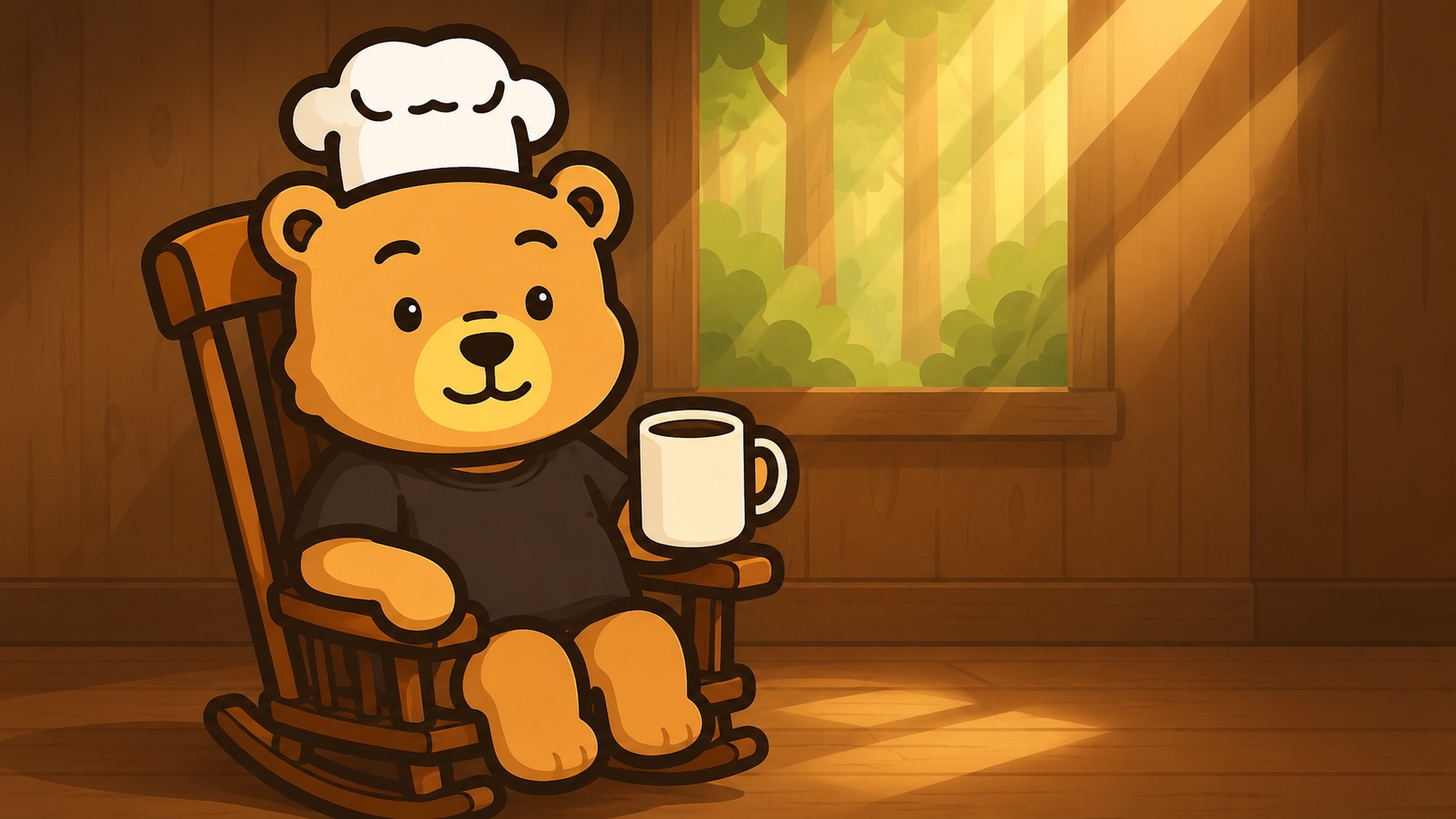ぺこくま｜元プロ料理人の自己紹介。コック帽をかぶってロッキングチェアでくつろぐクマのキャラクター