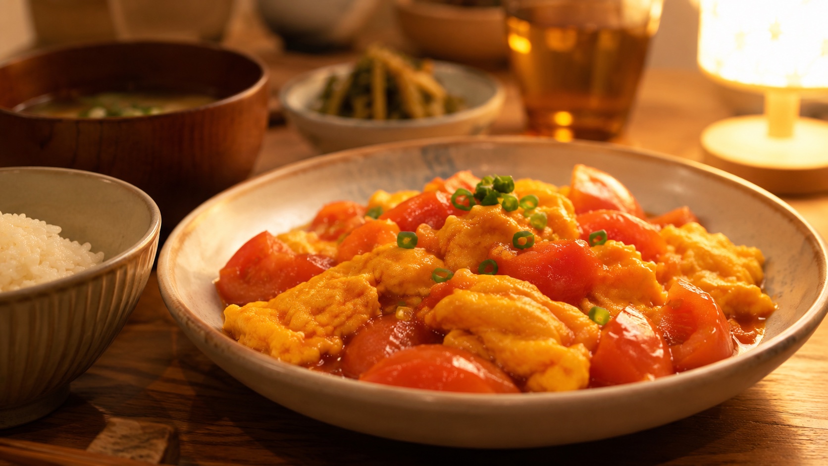 月曜の夜に15分で作る、トマトと卵の炊め物が並ぶ温かい夕食の食卓