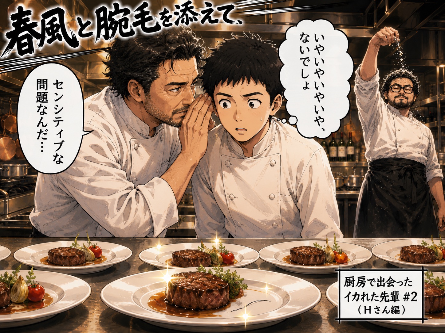 シェフがぺこくまに耳打ちするシーンの少年漫画タッチ挿絵