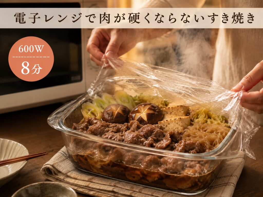 電子レンジで作るすき焼き（容器から取り出し中）