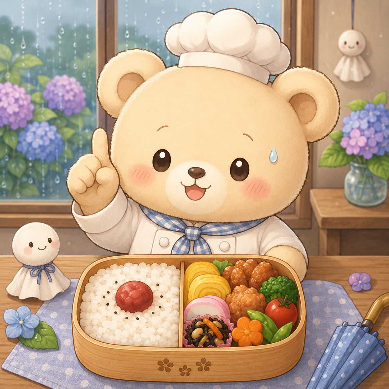 お弁当を前に「ここだけ気をつけてね」と注意するぺこくま