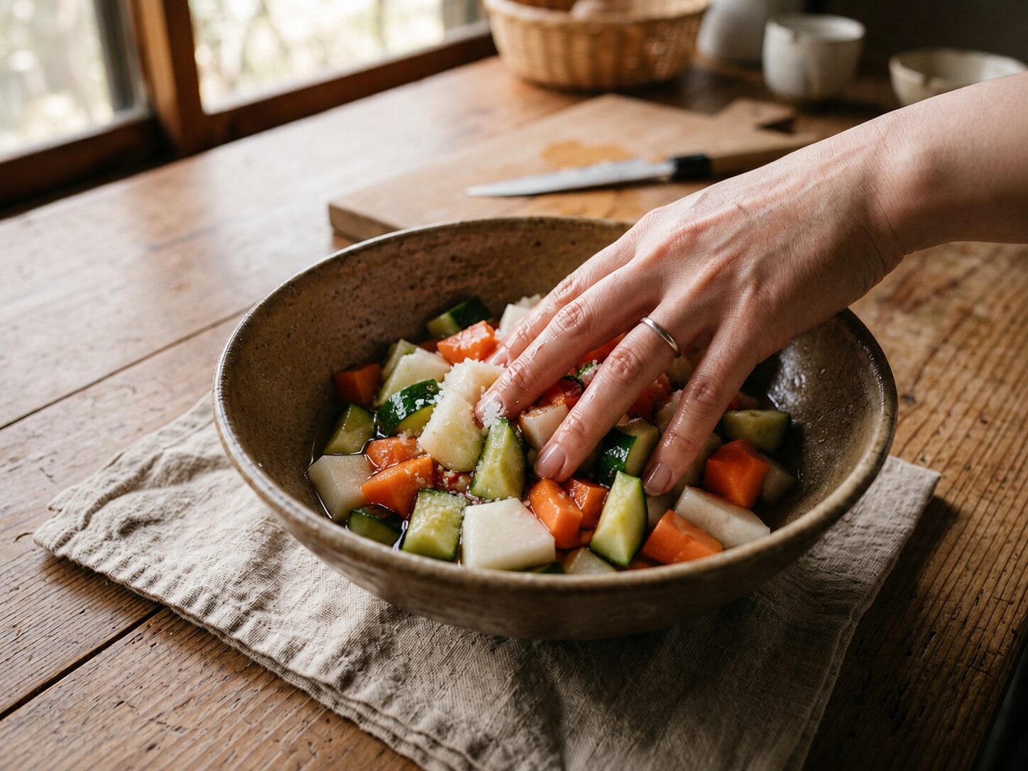 ボウルに入れた野菜に塩を振って揉み込む様子