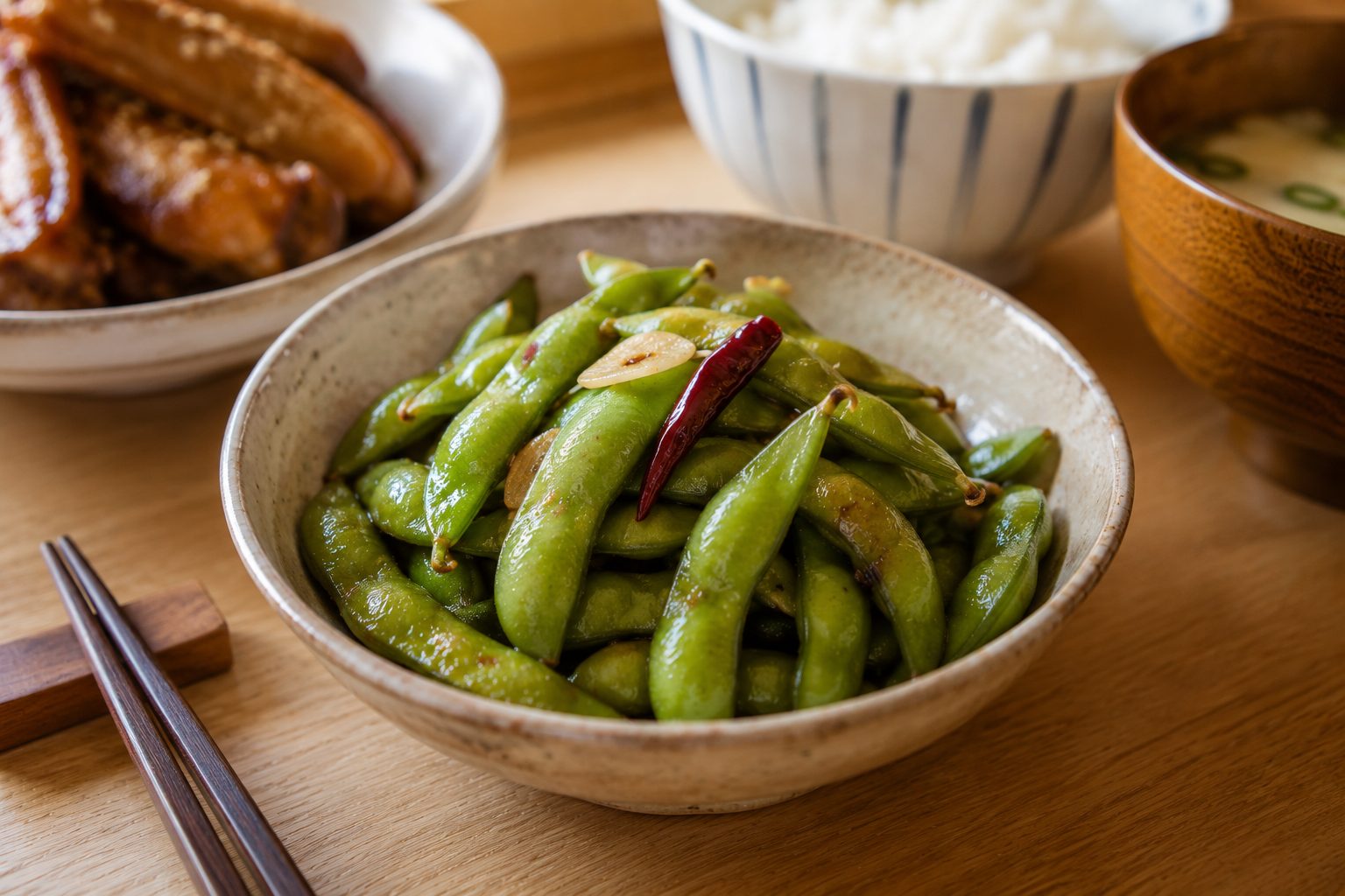 枝豆のペペロンチーノ風・にんにくと鷹の爪