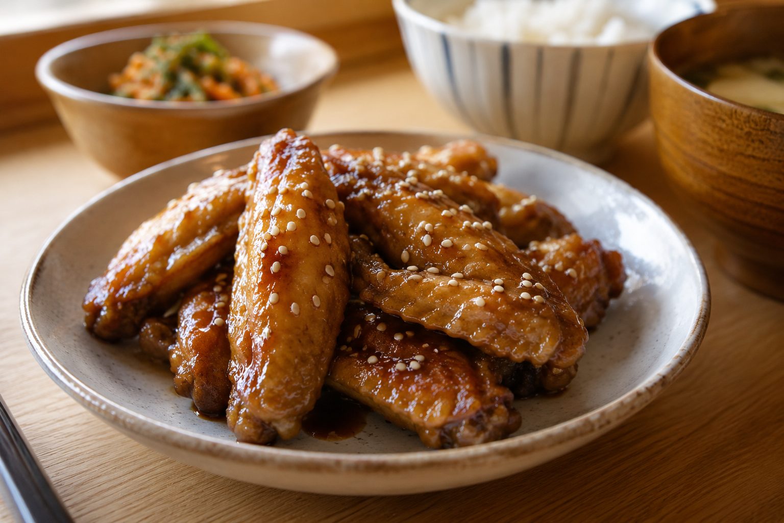 皿に盛った手羽中の甘辛焼き・白ごま