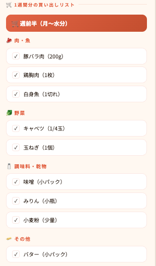 自動生成された買い出しリスト(週前半)