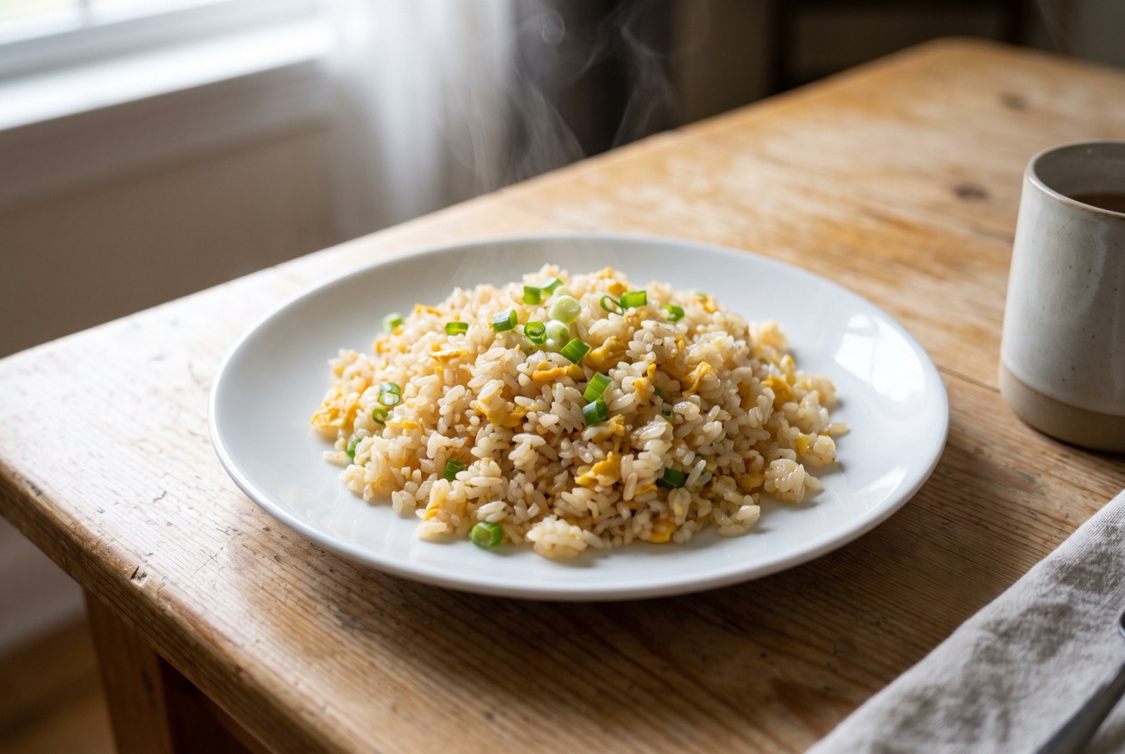 パックご飯で作ったレンジチャーハンの完成皿（卵とねぎ入り・湯気）