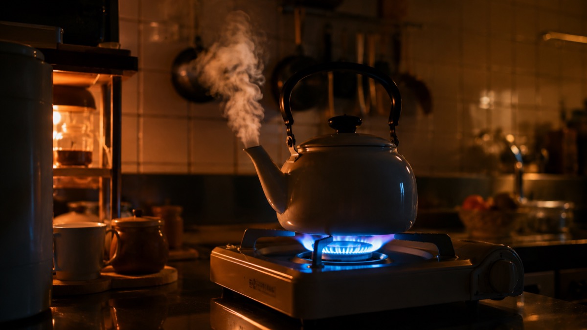 カセットコンロの青い炎にかけたやかんから湯気が立ちのぼる