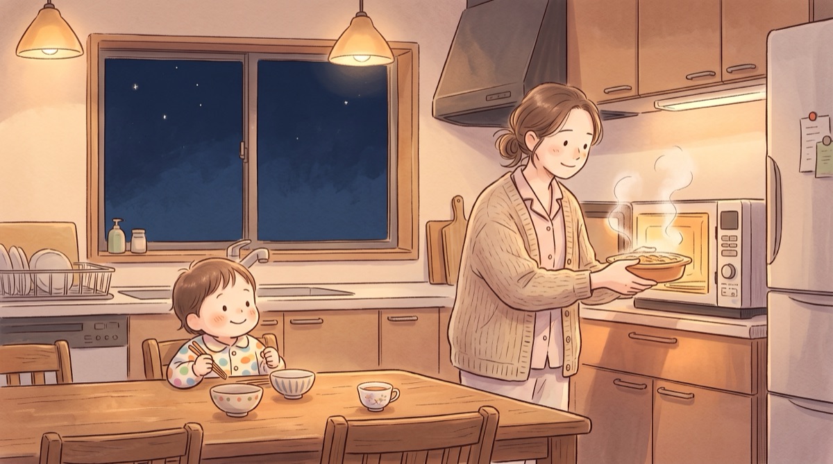 夜のキッチンで電子レンジから温かいおかずを取り出してほっとする女性と食卓で待つ子ども