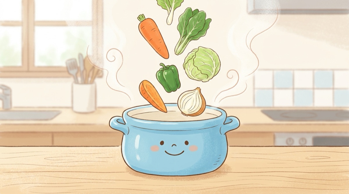 残った半端野菜をまとめて鍋の汁物に入れるイメージイラスト