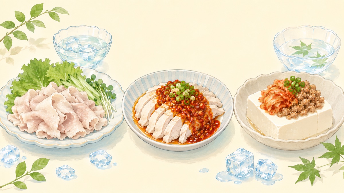 冷しゃぶ・よだれ鶏・冷奴の主菜化という3つの冷たい主菜を並べたイラスト