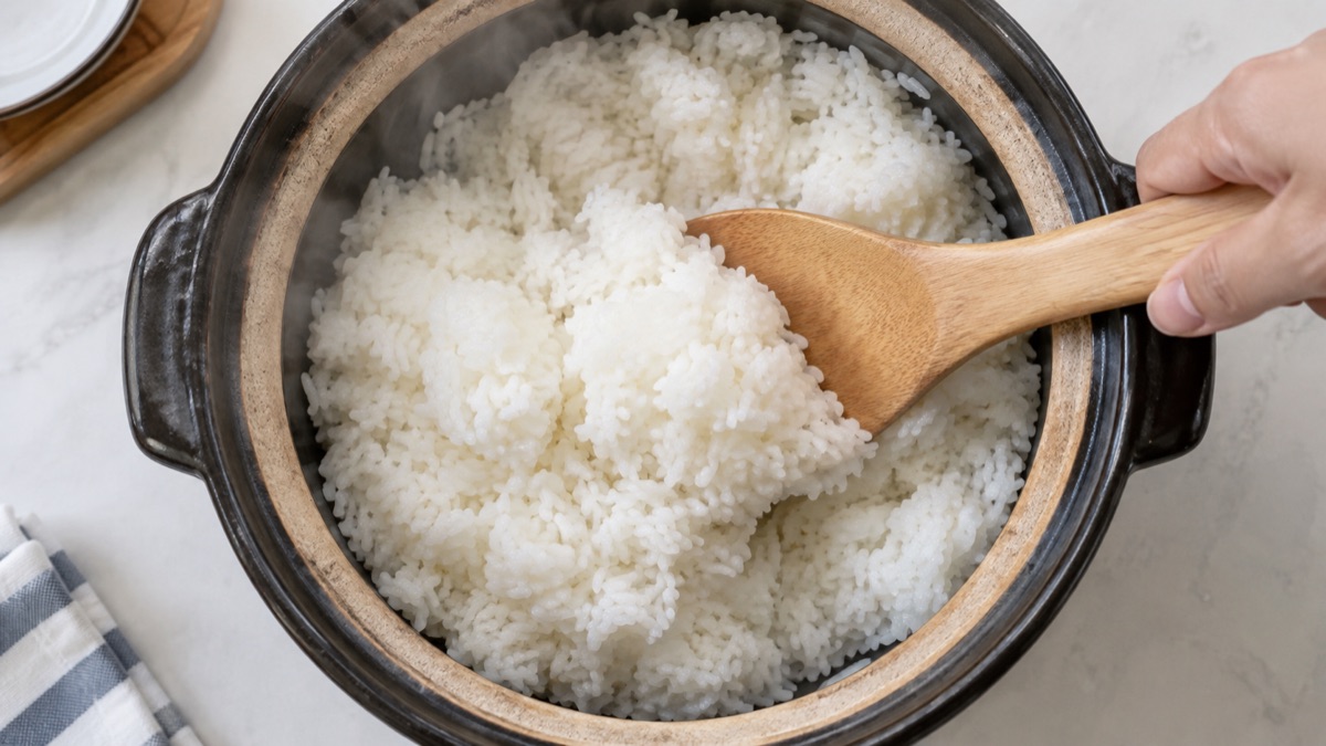 炊きたてのごはんをしゃもじで底から返すようにほぐしている様子