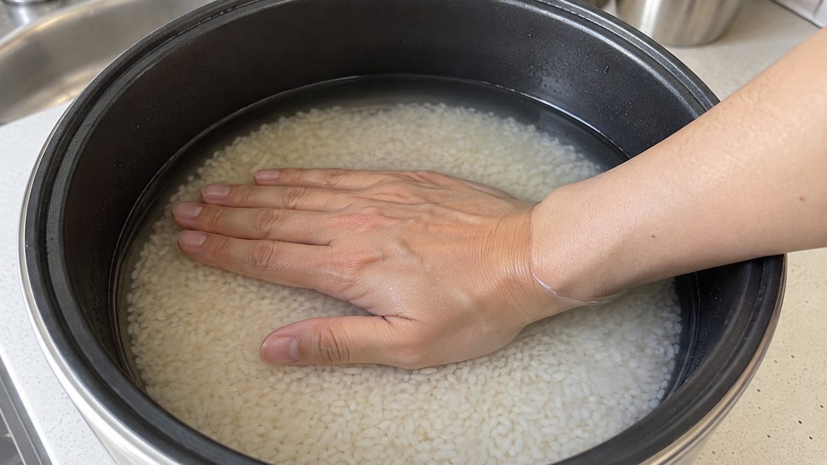 炊飯器の内釜で米の上に手のひらを置き、水面が手首の骨のあたりまで来ている様子